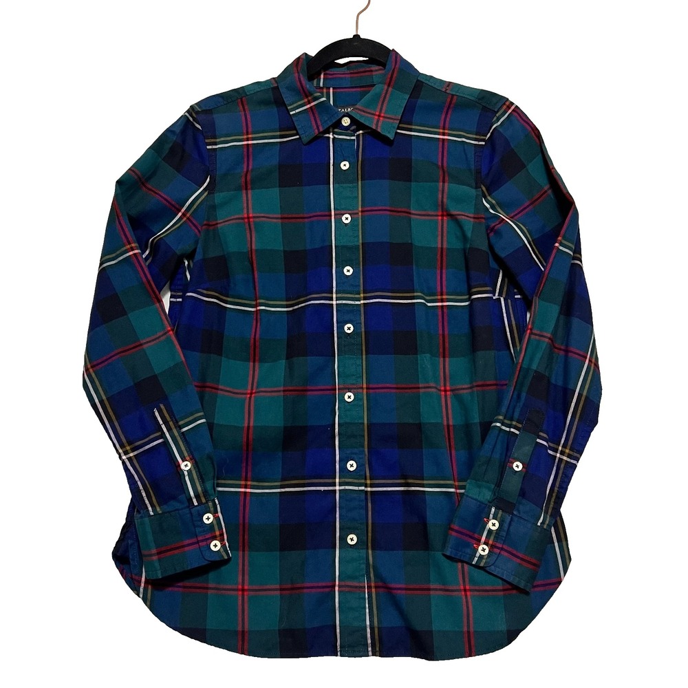 Talbots Classic Cotton Plaid Button Up Shirt Womens XS Preppy India Ink Blue